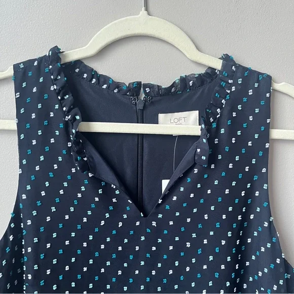 Loft Outlet Dress Women's 8 New NWT Navy Blue Tufted Swiss Dots Midi Ruffles - Picture 9 of 12